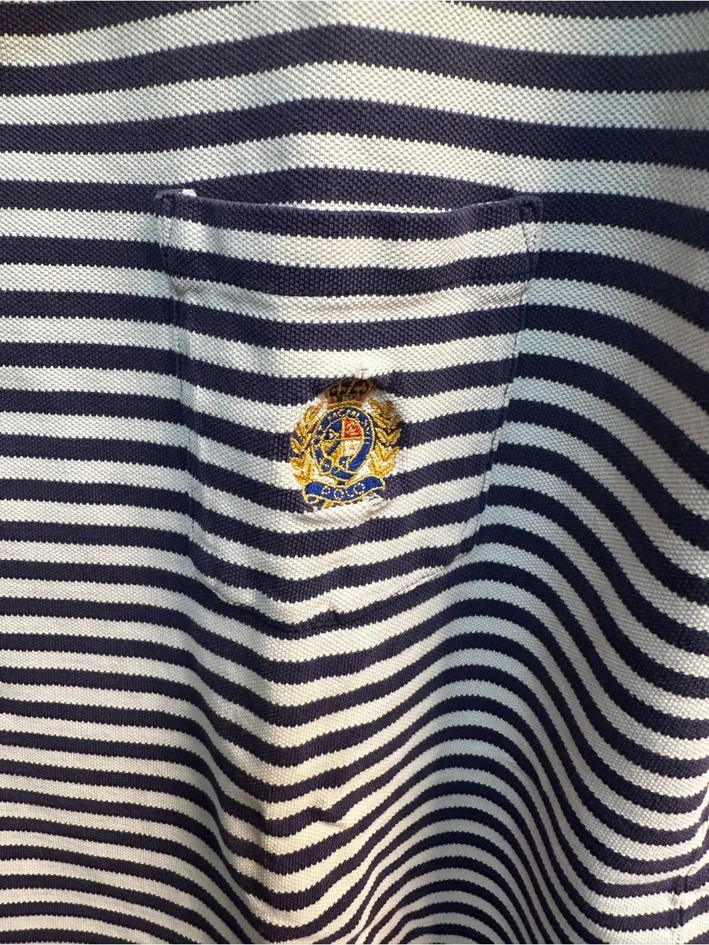 Ralph Lauren Navy and White Striped Polo with Gold Pony Emblem